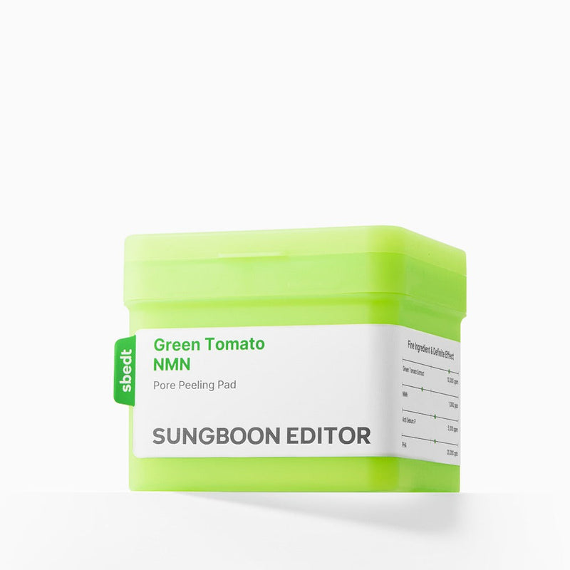 ProtoClinical k-beauty SUNGBOON EDITOR Green Tomato NMN Pore Peeling Pad 170ml/60ea single olive green round pad container centered on a pale green background