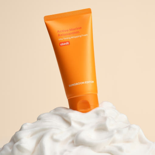 SUNGBOON EDITOR Active Marine Astaxanthin Vita Toning Whipping Foam 120g by ProtoClinical shown in a product packaging image on a white background for a k-beauty skincare routine.