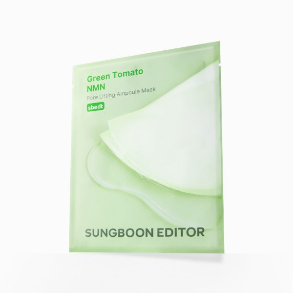 ProtoClinical k-beauty SUNGBOON EDITOR Green Tomato NMN Pore Lifting Ampoule Mask 23g X 10ea single pale green sheet mask pouch centered upright on a pale lavender and cream background