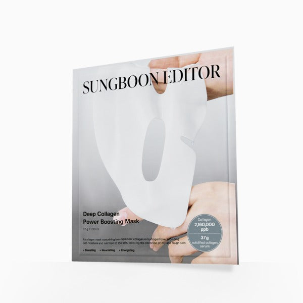 ProtoClinical k-beauty SUNGBOON EDITOR Deep Collagen Power Boosting Mask 37g X 4ea single light gray sheet mask pouch centered on a pale cream background
