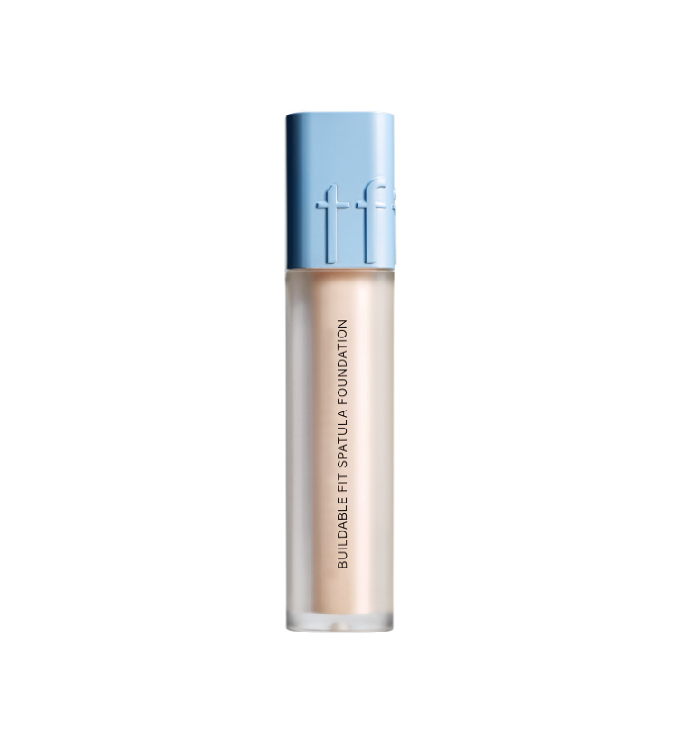 ProtoClinical k-beauty tfit Buildable Fit Spatula Foundation 15g (7colors) as a single beige foundation bottle with a sky-blue cap and vertical black product text on a white background