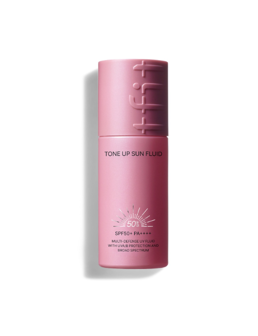 ProtoClinical k-beauty tfit Tone Up Sun Fluid SPF50+ PA++++ 50ml single upright pink sun fluid tube centered on a white background.