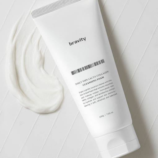 ProtoClinical k-beauty soft beige and lavender beauty graphic with warm taupe edges on a light background.