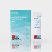ProtoClinical k-beauty PETITFEE BETA-GLUCAN Enzyme Powder Wash 1g X 20ea single powder wash package centered on a clean white background