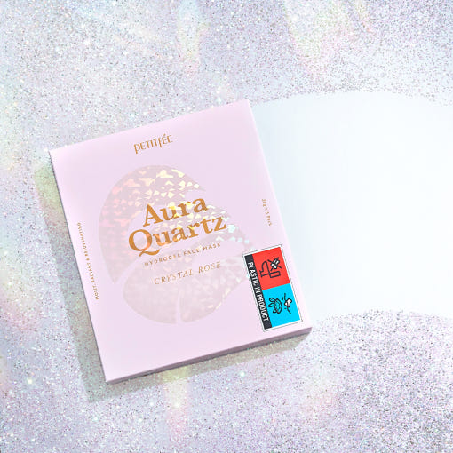 ProtoClinical k-beauty PETITFEE Aura Quartz Hydrogel Face Mask Crystal Rose 30g X 5ea single soft pink face mask pouch centered on a pale blue background with soft cream side shading