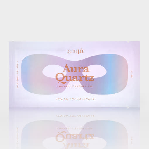 ProtoClinical k-beauty PETITFEE Aura Quartz Hydrogel Eye Zone Mask 9g X 5ea single blue and lavender eye zone mask package centered on a pale background