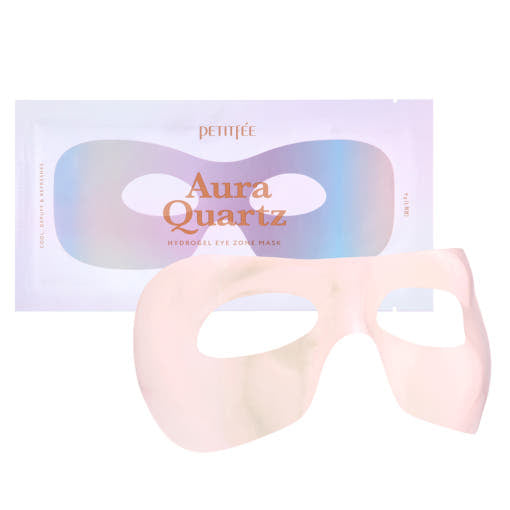 ProtoClinical k-beauty PETITFEE Aura Quartz Hydrogel Eye Zone Mask 9g X 5ea single blue and lavender eye zone mask package laid horizontally on a clean white background