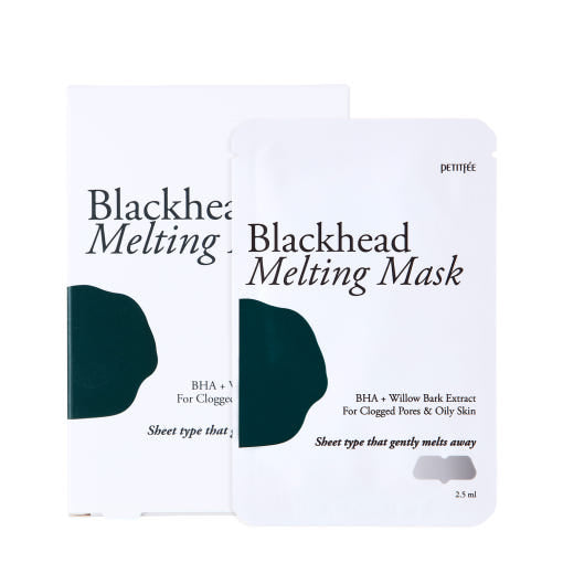 ProtoClinical k-beauty PETITFEE Blackhead Melting Mask 2.5ml X 5ea with multiple slim pale blue pouches arranged side by side on a white background