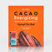 ProtoClinical k-beauty PETITFEE CACAO Energizing Hydrogel Face Mask 32g X 5ea single dark brown face mask pouch centered upright on a pale peach and cream background