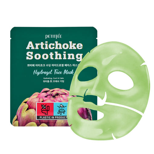 ProtoClinical k-beauty PETITFEE Artichoke Soothing Hydrogel Face Mask 32g X 5ea single dark green face mask pouch centered upright on a clean light background