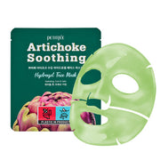 ProtoClinical k-beauty PETITFEE Artichoke Soothing Hydrogel Face Mask 32g X 5ea single dark green face mask pouch centered upright on a clean light background