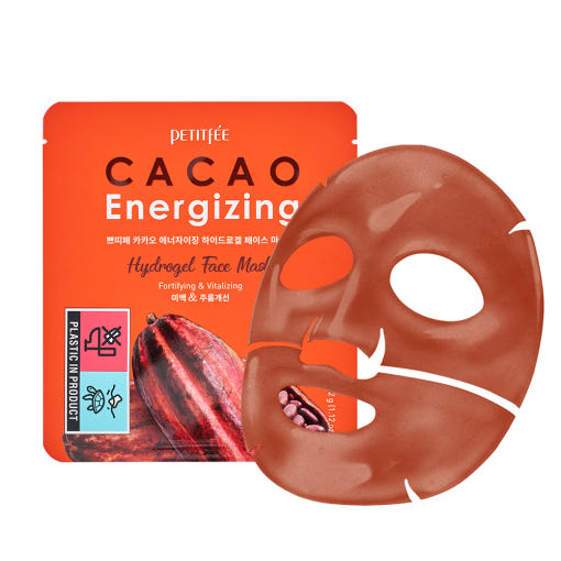 ProtoClinical k-beauty PETITFEE CACAO Energizing Hydrogel Face Mask 32g X 5ea single dark brown face mask pouch centered upright on a clean light background