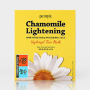 ProtoClinical k-beauty PETITFEE Chamomile Lightening Hydrogel Face Mask 32g X 5ea single yellow face mask pouch centered upright on a pale blue and cream background
