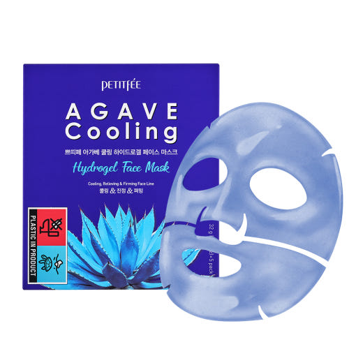 ProtoClinical k-beauty PETITFEE AGAVE Cooling Hydrogel Face Mask 32g X 5ea single blue-green face mask pouch centered upright on a pale pink and cream background