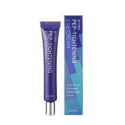 ProtoClinical k-beauty PETITFEE PEP-TIGHTENING Eye Cream 30g single upright blue eye cream package centered on a soft peach and white background