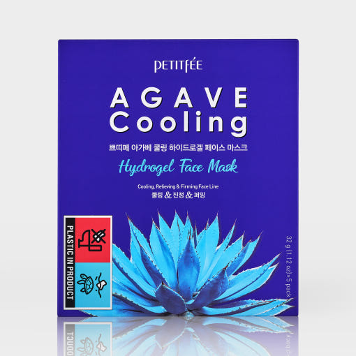 ProtoClinical k-beauty PETITFEE AGAVE Cooling Hydrogel Face Mask 32g X 5ea single blue-green face mask pouch centered upright on a clean light background