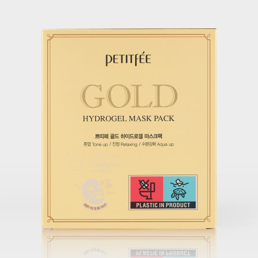 ProtoClinical k-beauty PETITFEE Gold Hydrogel Mask Pack 32g X 5ea in a single gold face mask pouch centered upright on a pale blue background