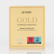 ProtoClinical k-beauty PETITFEE Gold Hydrogel Mask Pack 32g X 5ea in a single gold face mask pouch centered upright on a pale blue background