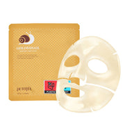 ProtoClinical k-beauty PETITFEE GOLD & SNAIL Hydrogel Mask Pack 30g X 5ea in a single gold face mask pouch centered upright on a pale blue background