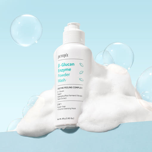 ProtoClinical k-beauty PETITFEE BETA-GLUCAN Enzyme Powder Wash 80g single powder wash package centered on a clean white background.