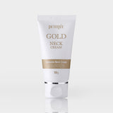 ProtoClinical k-beauty PETITFEE Gold Neck Cream 50ml single upright neck cream tube centered on a pale lavender background with soft gray shading