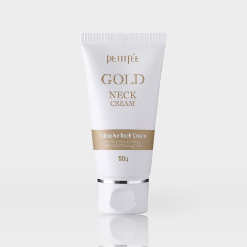 ProtoClinical k-beauty PETITFEE Gold Neck Cream 50ml single upright neck cream tube centered on a pale lavender background with soft gray shading