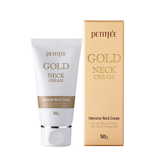 ProtoClinical k-beauty PETITFEE Gold Neck Cream 50ml single upright beige neck cream tube centered on a pale background with light blue side accents