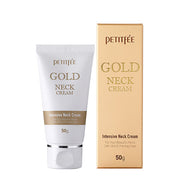 ProtoClinical k-beauty PETITFEE Gold Neck Cream 50ml single upright beige neck cream tube centered on a pale background with light blue side accents