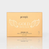 ProtoClinical k-beauty PETITFEE Gold Neck Pack 10g X 5ea single warm gold rectangular package centered with pale blue side panels on a light background