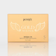 ProtoClinical k-beauty PETITFEE Gold Neck Pack 10g X 5ea single warm gold rectangular package centered with pale blue side panels on a light background