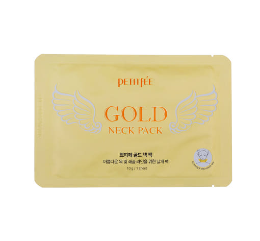 ProtoClinical k-beauty PETITFEE Gold Neck Pack 10g X 5ea single warm gold rectangular neck pack pouch centered on a light background