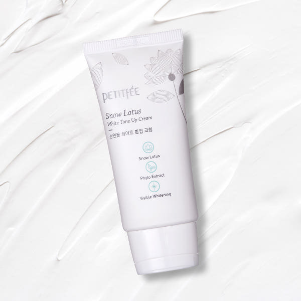 ProtoClinical k-beauty PETITFEE Snow Lotus White Tone Up Cream 50ml single pale blue and white package with a darker gray top on a white background