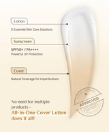 ProtoClinical k-beauty OBgE Natural Cover Lotion SPF50+ PA++++ 50g infographic with a large beige lotion smear, three labeled callouts for lotion, sunscreen, and cover, and an approved seal on a pale cream background