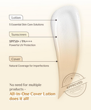 ProtoClinical k-beauty OBgE Natural Cover Lotion SPF50+ PA++++ 50g infographic with a large beige lotion smear, three labeled callouts for lotion, sunscreen, and cover, and an approved seal on a pale cream background