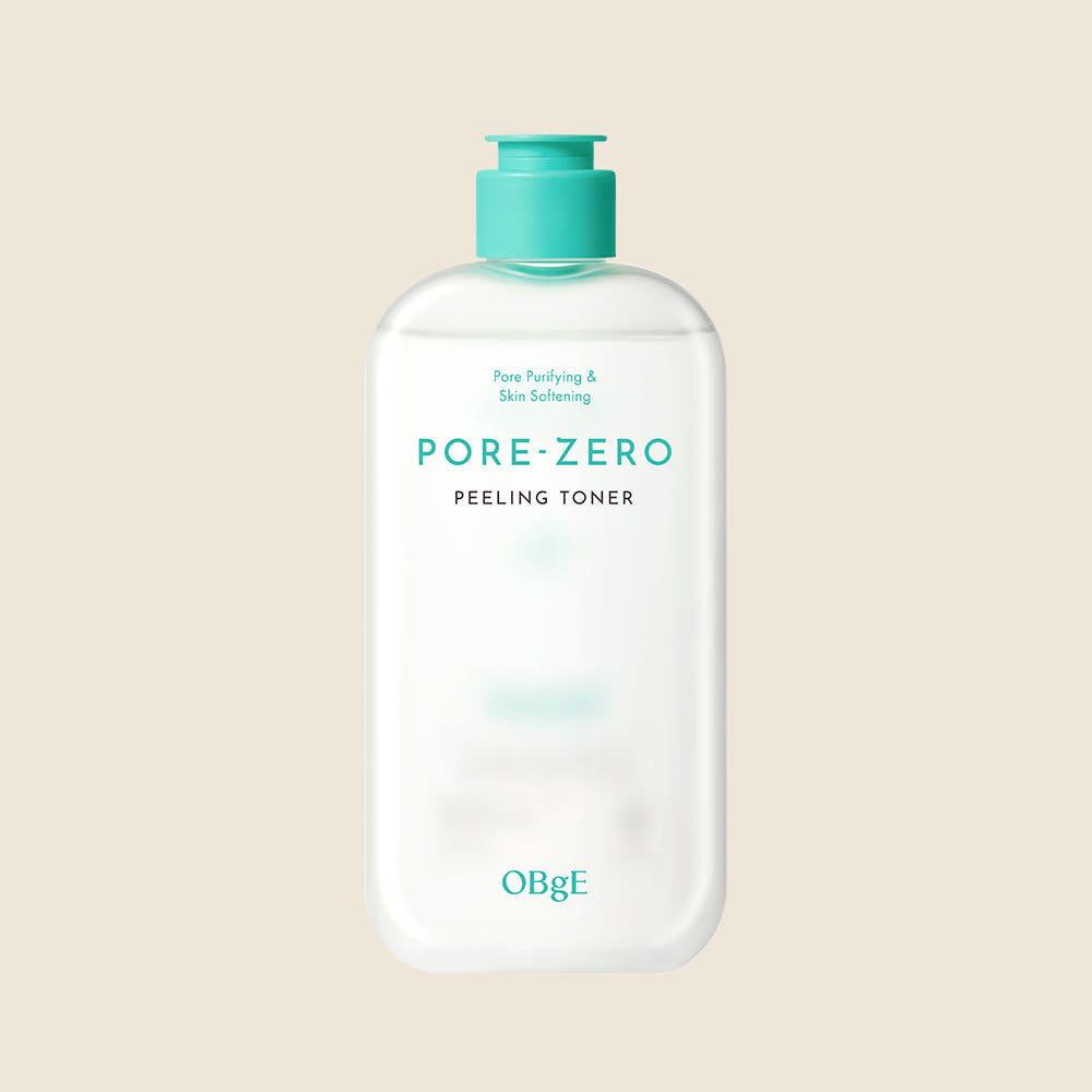 ProtoClinical k-beauty OBgE Pore Zero Peeling Toner 310ml translucent frosted toner bottle with an aqua pump cap and turquoise lettering centered on a warm beige background