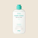 ProtoClinical k-beauty OBgE Pore Zero Peeling Toner 310ml translucent frosted toner bottle with an aqua pump cap and turquoise lettering centered on a warm beige background