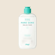 ProtoClinical k-beauty OBgE Pore Zero Peeling Toner 310ml translucent frosted toner bottle with an aqua pump cap and turquoise lettering centered on a warm beige background