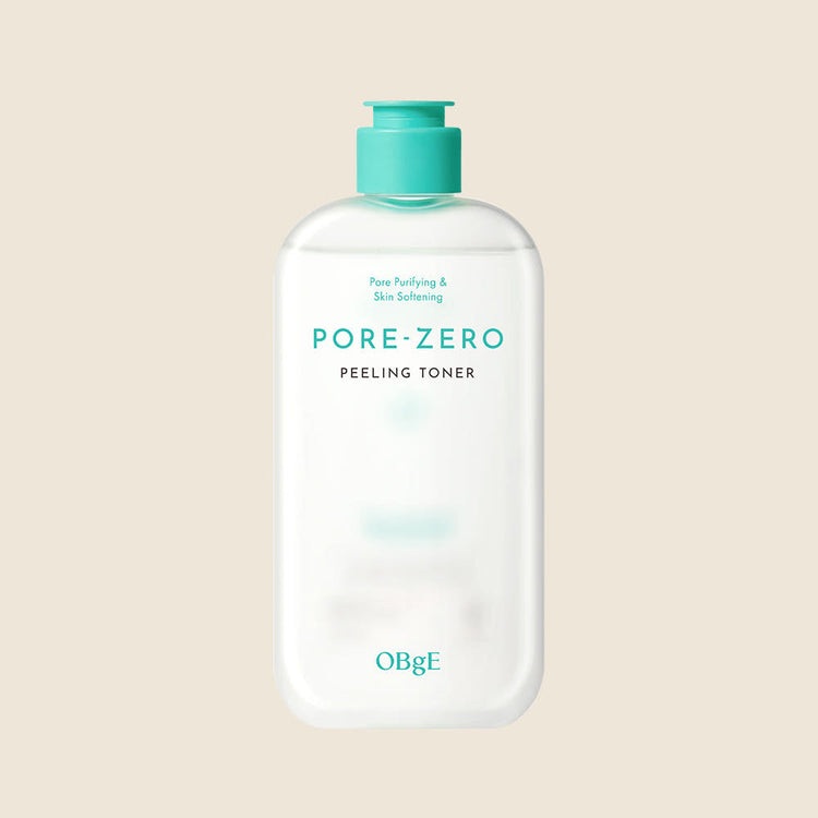 ProtoClinical k-beauty OBgE Pore Zero Peeling Toner 310ml translucent frosted toner bottle with an aqua pump cap and turquoise lettering centered on a warm beige background