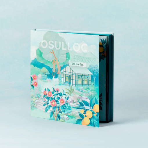ProtoClinical k-beauty OSULLOC Tea Garden Gift Box Set (27 count, 9 flavors X 3ea) illustrated gift box standing at an angle with a visible spine on a pale blue background