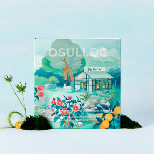 ProtoClinical k-beauty OSULLOC Tea Garden Gift Box Set (27 count, 9 flavors X 3ea) illustrated tea gift box standing upright with floral artwork on a pale blue background and citrus accents