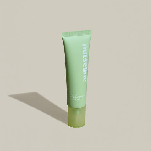 ProtoClinical k-beauty muted olive beauty product silhouette with soft pink side accents on a light background.