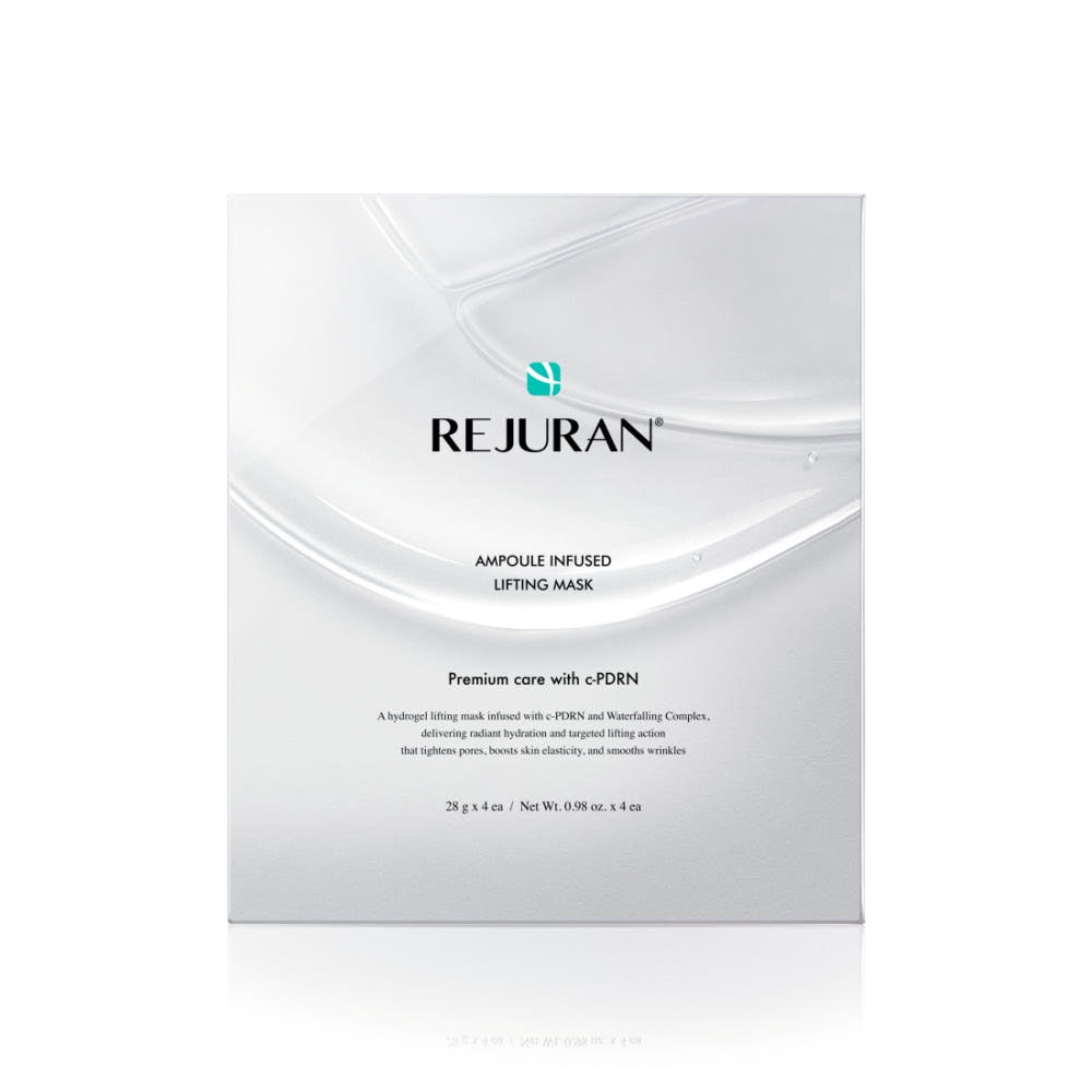 ProtoClinical k-beauty REJURAN Ampoule Infused Lifting Mask 28g X 4ea in a single light gray face mask pouch centered upright on a pale blue and white background