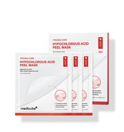 ProtoClinical k-beauty MEDICUBE: Hypochlorous Acid Peel Mask Ea (13ml x 3) silver face mask sheet in front of a white peel mask box and sachet packets with red trim on a clean white background