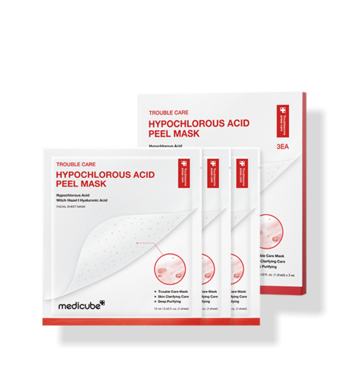ProtoClinical k-beauty MEDICUBE: Hypochlorous Acid Peel Mask Ea (13ml x 3) silver face mask sheet in front of a white peel mask box and sachet packets with red trim on a clean white background