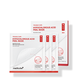ProtoClinical k-beauty MEDICUBE: Hypochlorous Acid Peel Mask Ea (13ml x 3) silver face mask sheet in front of a white peel mask box and sachet packets with red trim on a clean white background