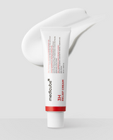 ProtoClinical k-beauty MEDICUBE 3h Relief Cream 50ml for Acne Prone Skin white cream tube with a red band shown upright in front of a white cream smear on a light gray background