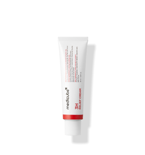 ProtoClinical k-beauty MEDICUBE 3h Relief Cream 50ml for Acne Prone Skin single white cream tube with a ribbed white cap, red band, and vertical red text shown upright
