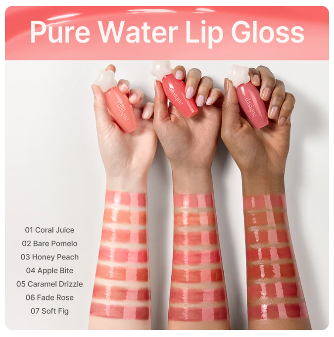 ProtoClinical k-beauty dasique Pure Water Lip Gloss 2.6g (14colors) displayed as a pink rectangular lip gloss packshot with pale side accents