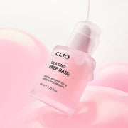 ProtoClinical k-beauty CLIO Glazing Prep Base 40ml single upright pink base tube centered on a soft pink and mint background