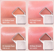 ProtoClinical k-beauty CLIO Essential Lipcheek Tap Blur 4.5g (4colors) shade chart with four lip swatch panels and triangular balm compacts in coral, pink, mocha, and rose tones